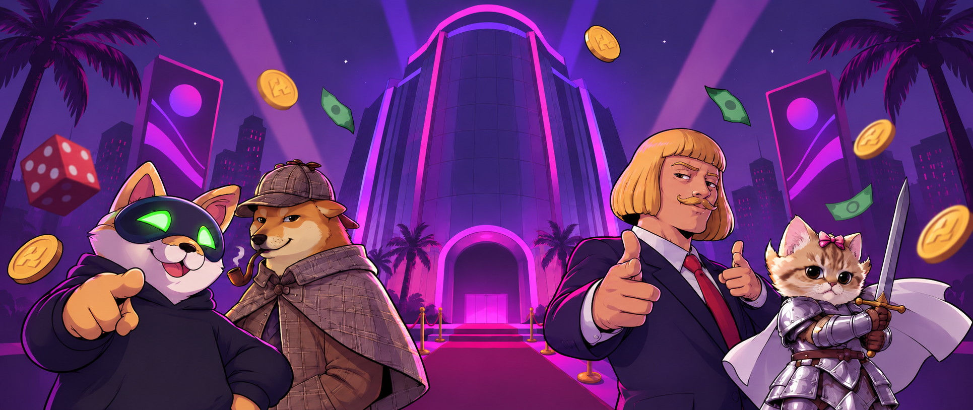 Hunda's purple casino city with a masked dog, detective dog, suited meme hero and tiny knight cat